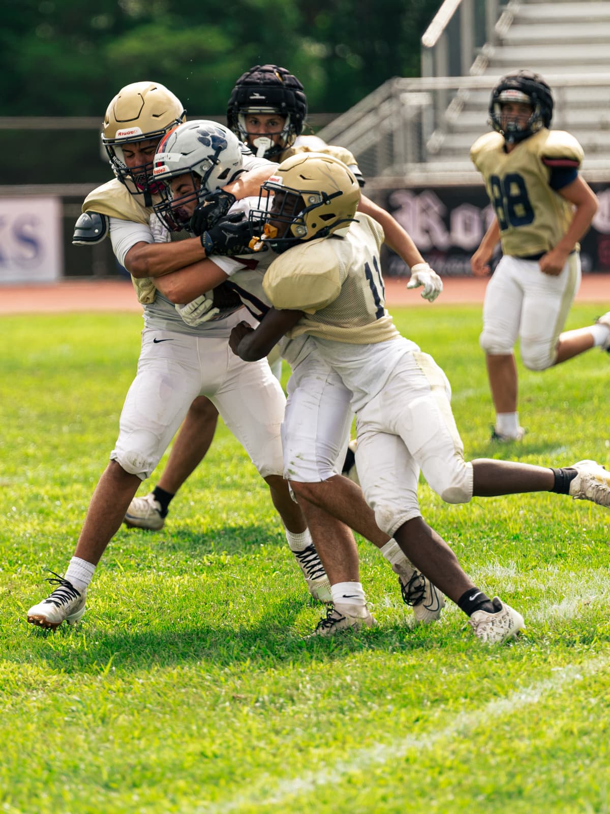 Two defenders in gold helmets wrap up a ball carrier in white in the open field during a summer scrimmage.